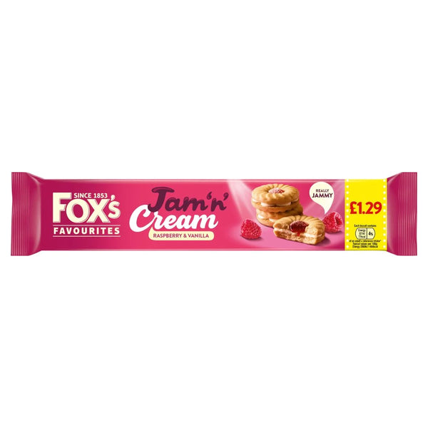 Fox's Favourites Jam 'n' Cream Raspberry and Vanilla 150g, front of pack