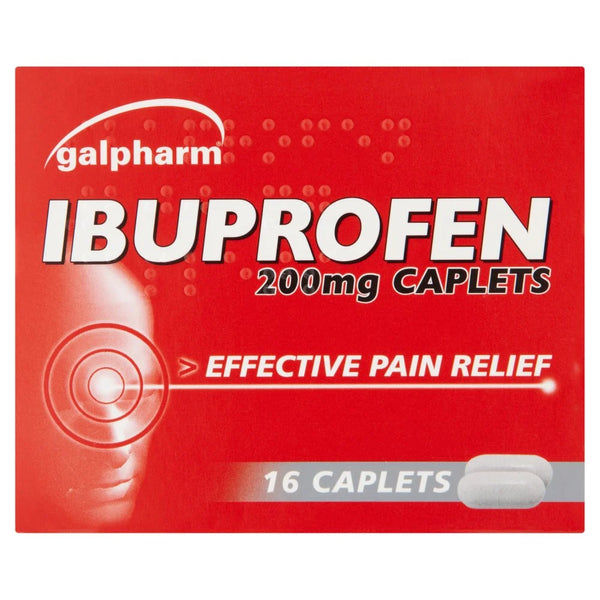 Galpharm Ibuprofen 200mg Caplets, 16 caplets, front of pack