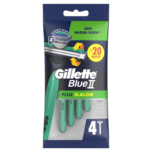 Gillette Blue II Plus Slalom Disposable Razors x4, front of pack