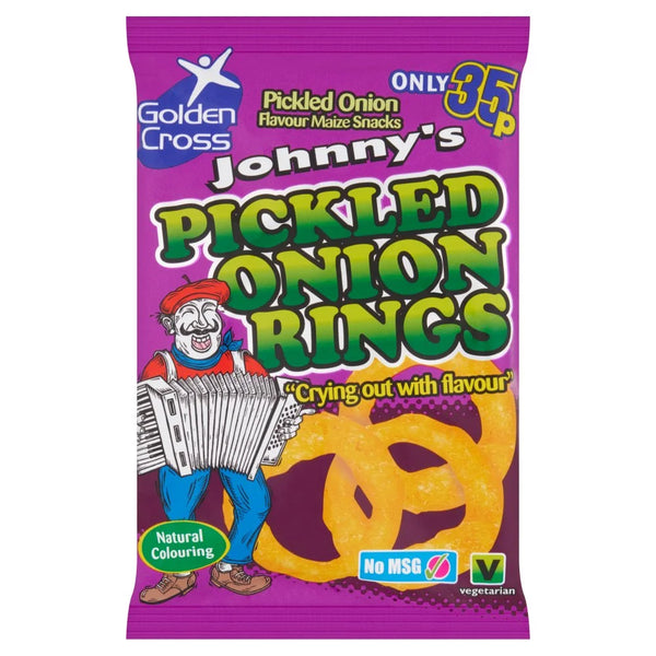 Golden Cross Johnny's Pickled Onion Rings 22g, front of pack