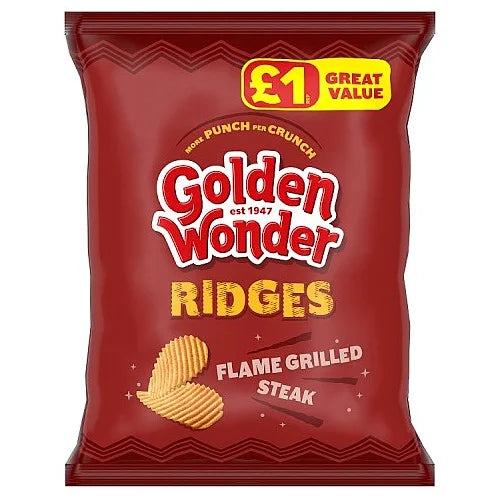 Golden Wonder Ridges Flame Grilled Steak crisps 57g, front of pack