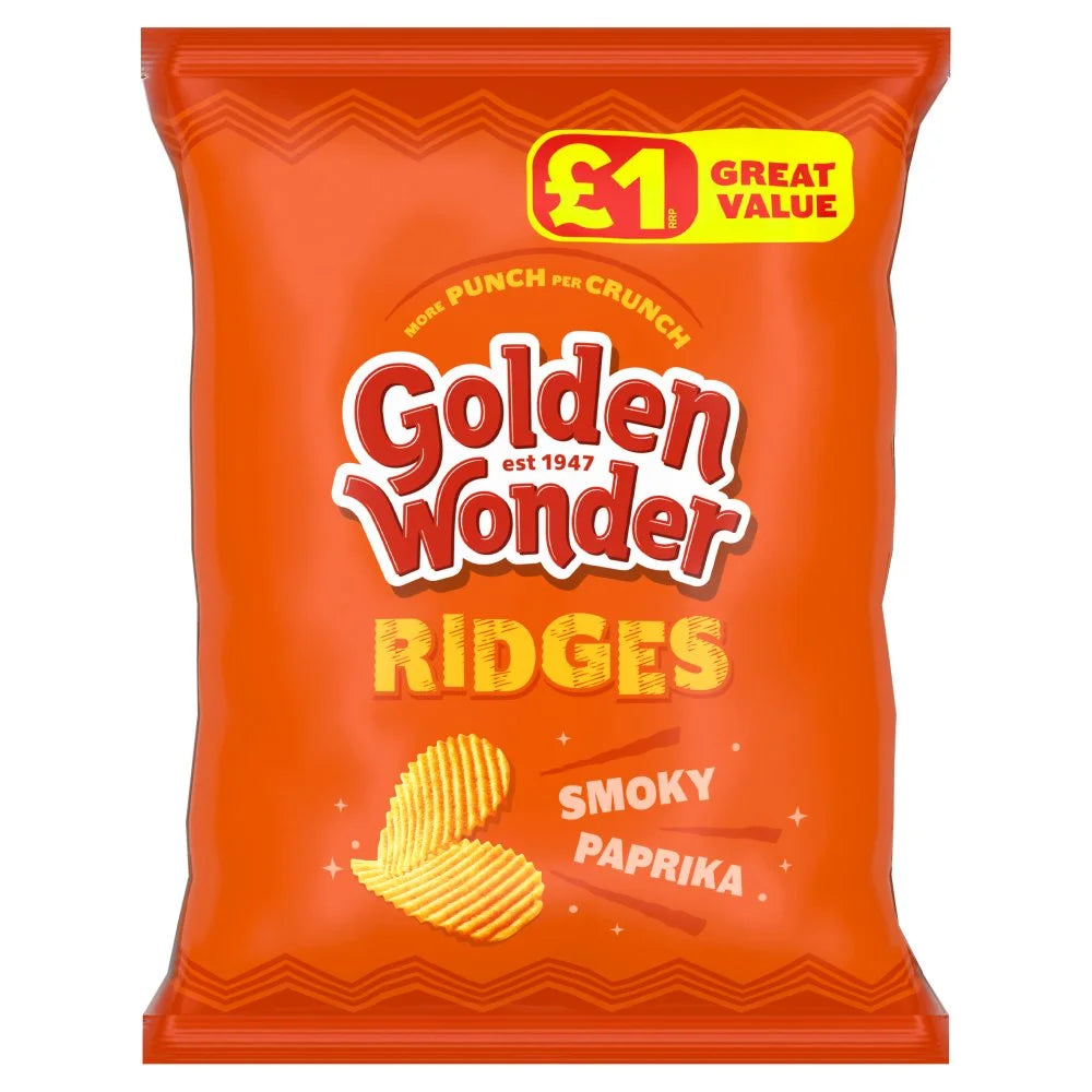Golden Wonder Ridges Smoky Paprika crisps 57g, front of pack
