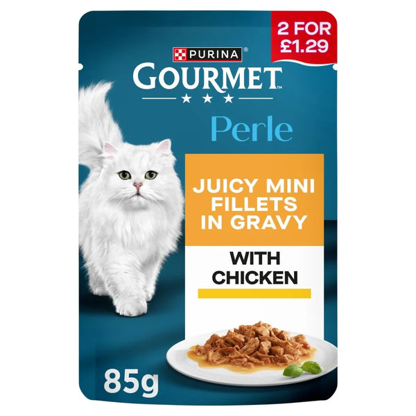 Gourmet Perle Mini Fillets in Gravy with Chicken Wet Cat Food 85g, front of pack
