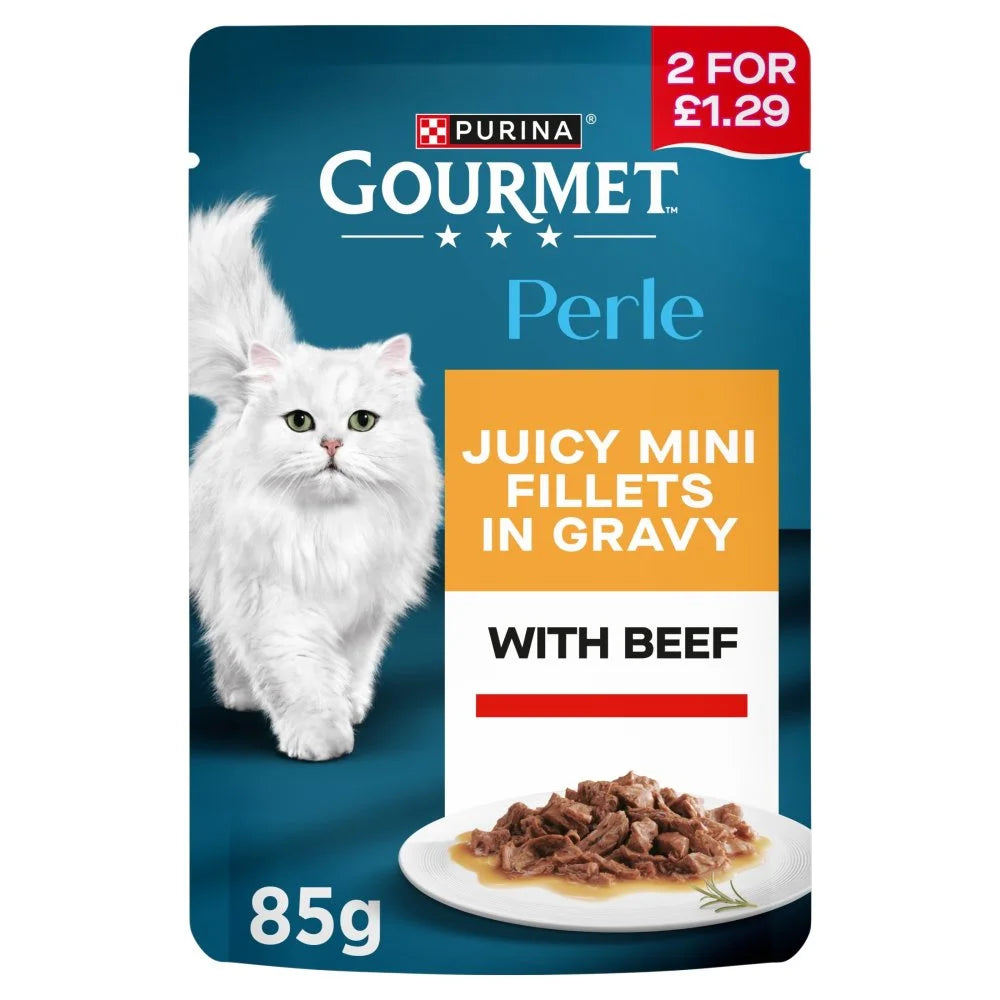 Gourmet Perle Mini Fillets in Gravy with Beef Wet Cat Food 85g, front of pack