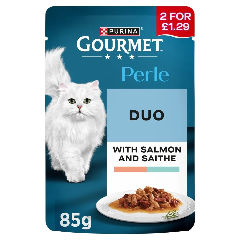 Gourmet Perle Mini Fillets in Gravy with Salmon and Saithe Wet Cat Food 85g, front of pack