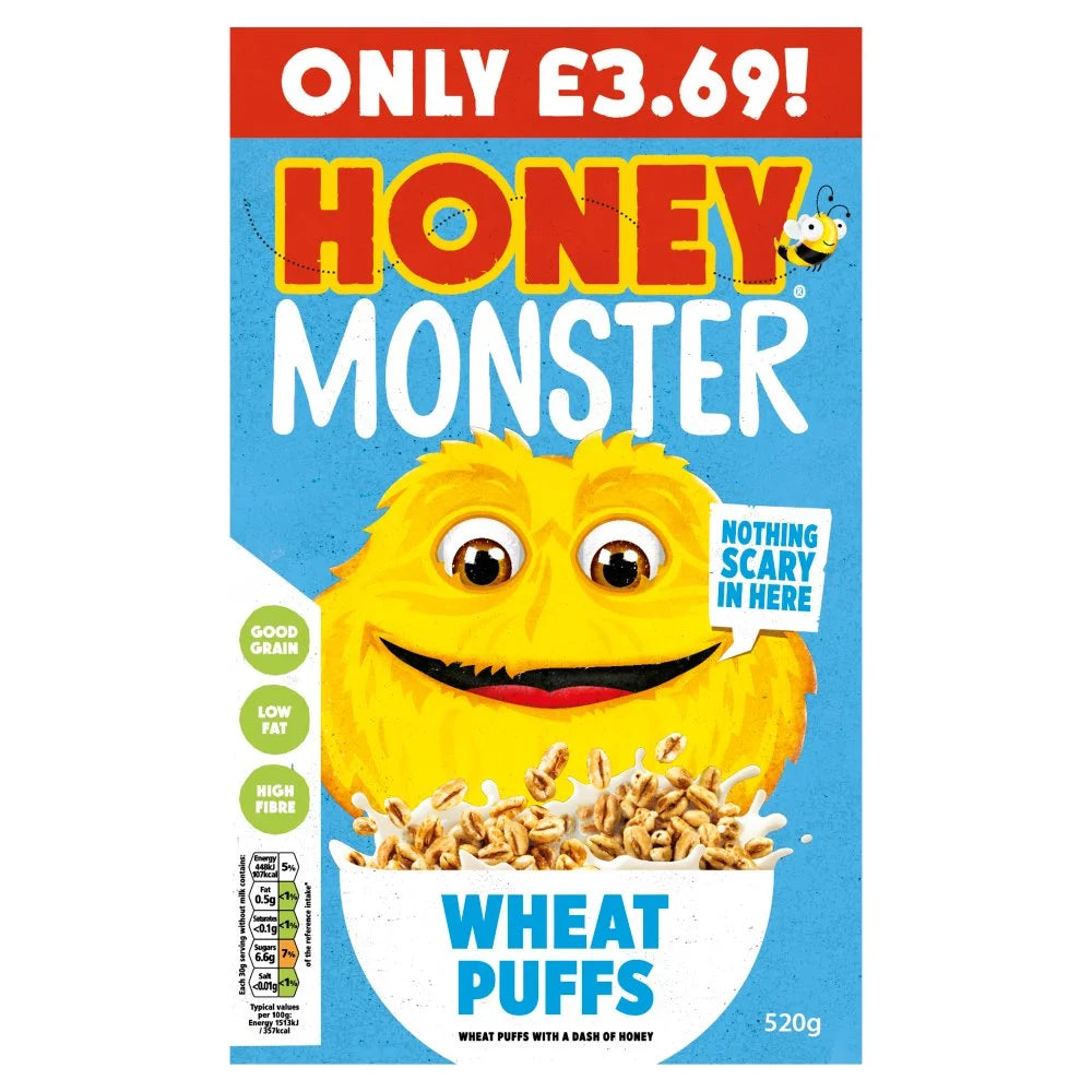 Honey Monster Wheat Puffs Cereal 520g, front of pack