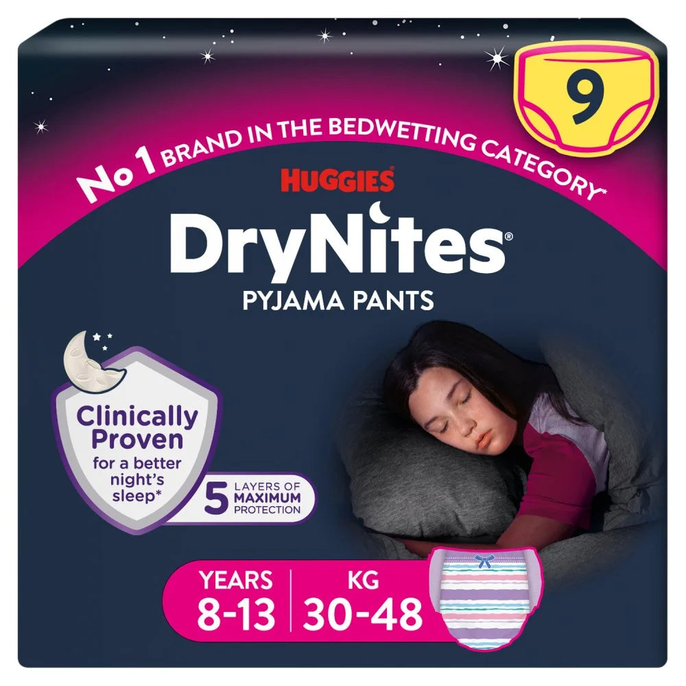 Huggies DryNites Bedwetting Pyjama Pants Girl Age 8-13, front of pack