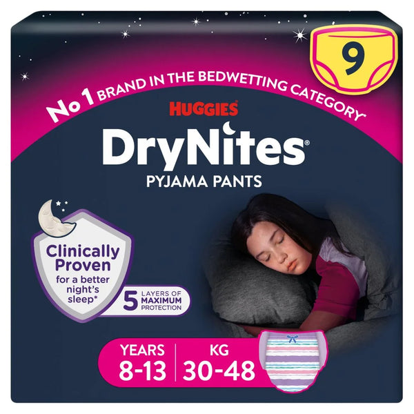 Huggies DryNites Bedwetting Pyjama Pants Girl Age 8-13, front of pack