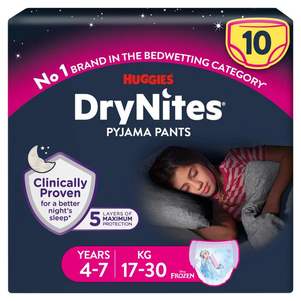 Huggies DryNites Bedwetting Pyjama Pants Girls Age 4-7, front of pack