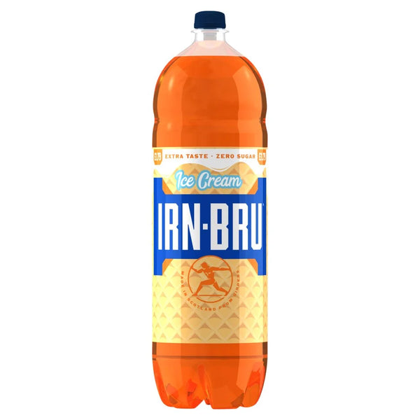 Irn-Bru Zero Sugar Ice Cream soft drink 2L bottle, front of pack