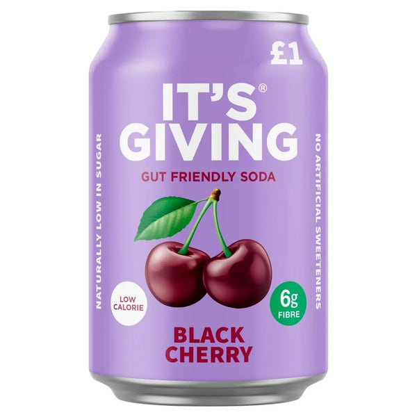 It's Giving Black Cherry Soda 330ml, front of pack