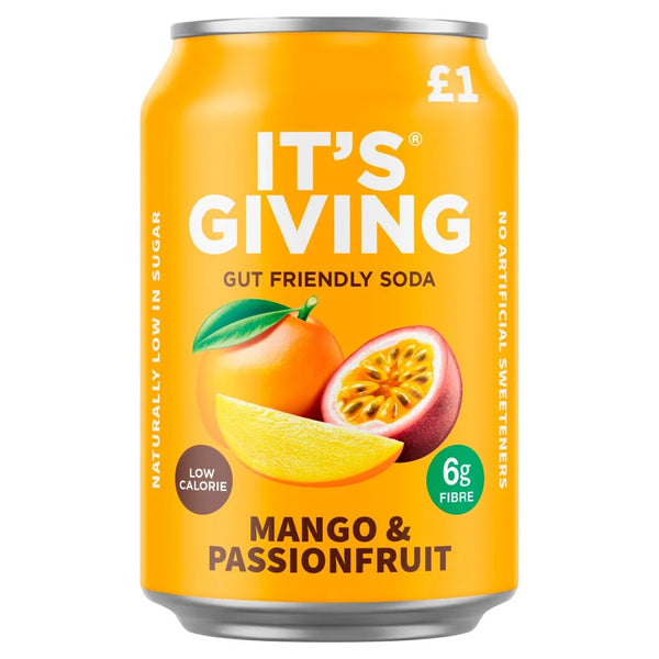 It's Giving Mango & Passionfruit Soft Drink 330ml, front of pack