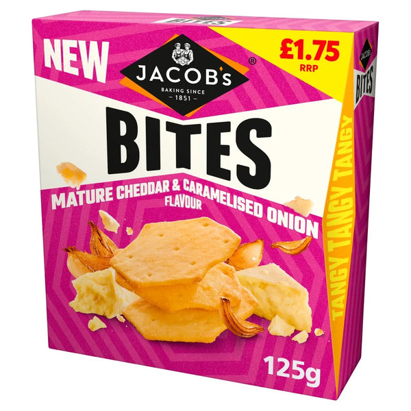 Jacob's Bites Mature Cheddar & Caramelised Onion Crackers 125g, front of pack