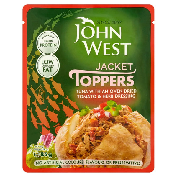John West Jacket Toppers Tuna with Oven Dried Tomato and Herb Dressing 85g, front of pack