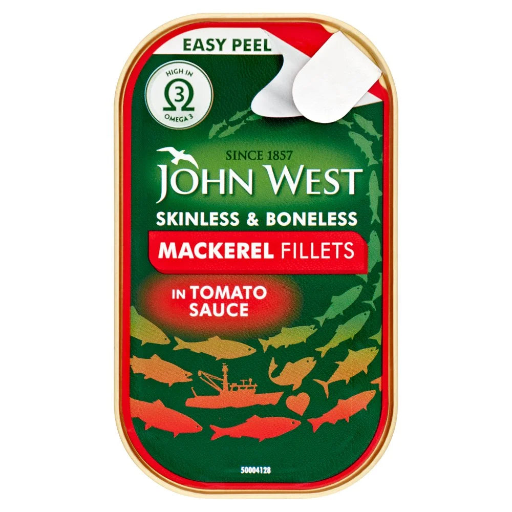 John West Mackerel Fillets in Tomato Sauce 115g, front of pack