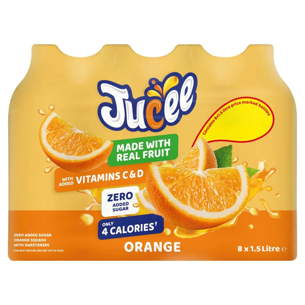 Jucee Orange squash 1.5 litre, front of pack