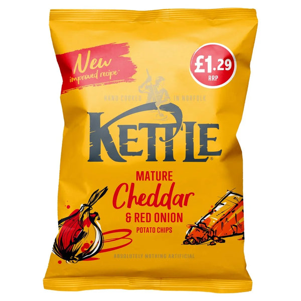 Kettle Mature Cheddar and Red Onion Potato Chips 80g, front of pack