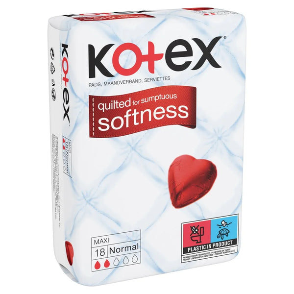 Kotex Maxi Normal 18 Pads, front of pack