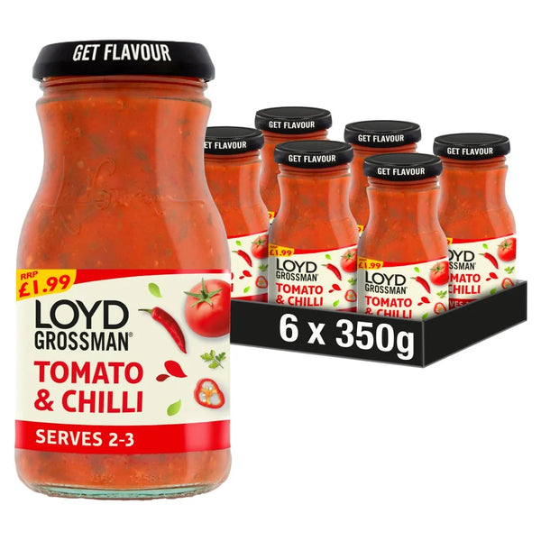 Loyd Grossman Tomato and Chilli pasta sauce jar 350g, front of pack