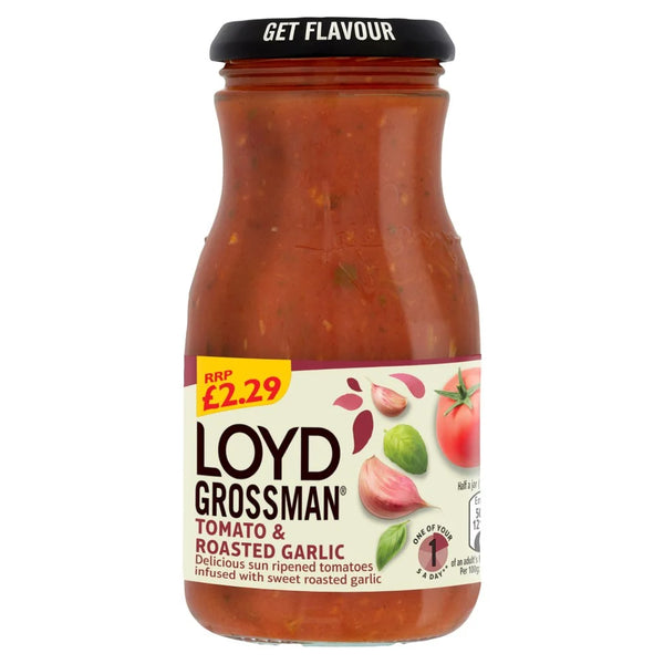 Loyd Grossman Tomato & Roasted Garlic Pasta Sauce Jar 350g, front of pack