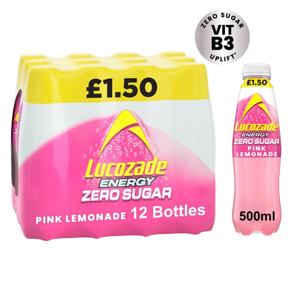 Lucozade Zero Sugar Pink Lemonade 500ml, front of pack