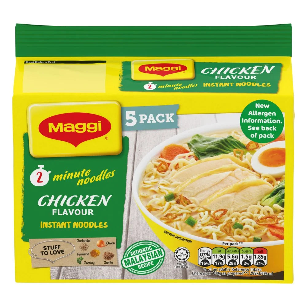 Maggi 2 Minute Authentic Malaysian Chicken Noodles 5 x 74g, front of pack