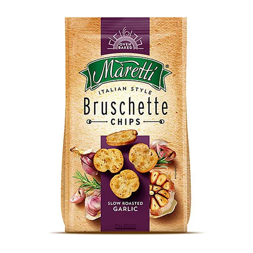 Maretti Oven Baked Bruschette Chips Slow Roasted Garlic 70g, front of pack