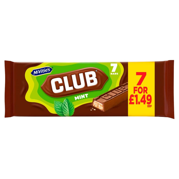 McVitie's Club Mint Biscuit Bars 7 x 22g, front of pack