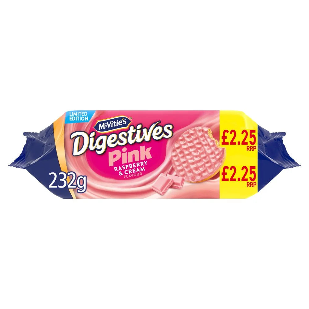 McVitie's Limited Edition Pink Digestives Raspberry and Cream 232g, front of pack