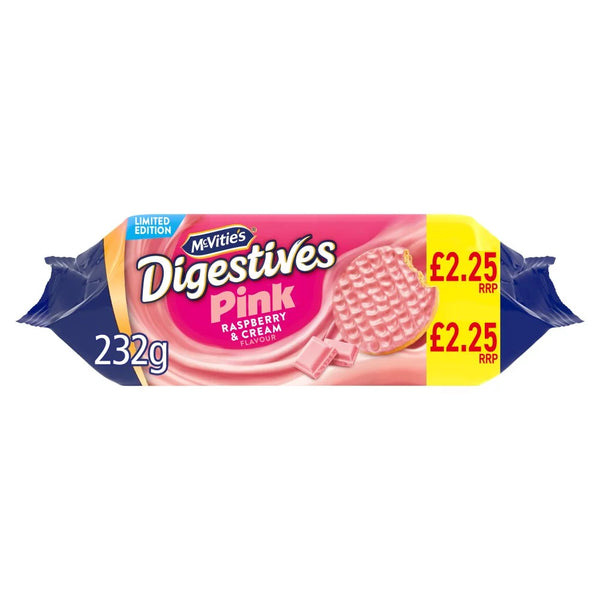 McVitie's Limited Edition Pink Digestives Raspberry and Cream 232g, front of pack