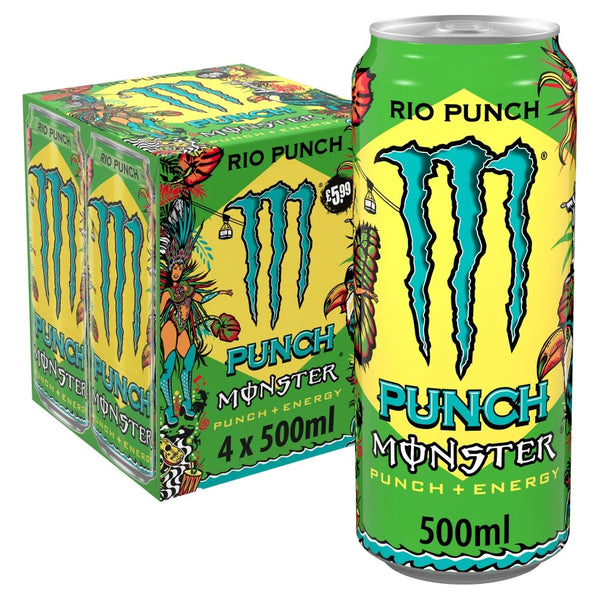 Monster Energy Drink Rio Punch 4 x 500ml cans, front of pack