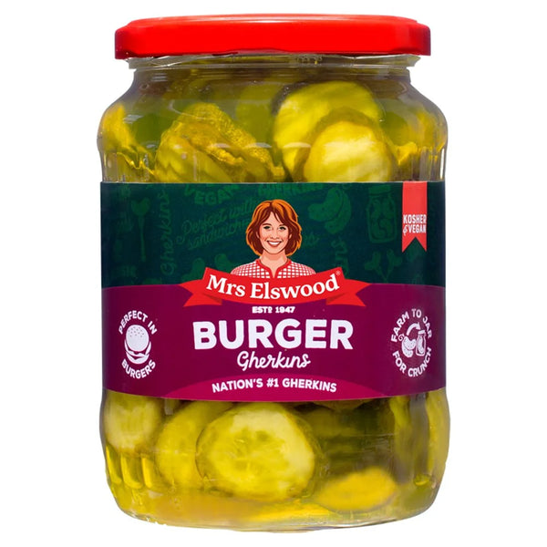Mrs Elswood Burger Gherkins 670g, front of pack