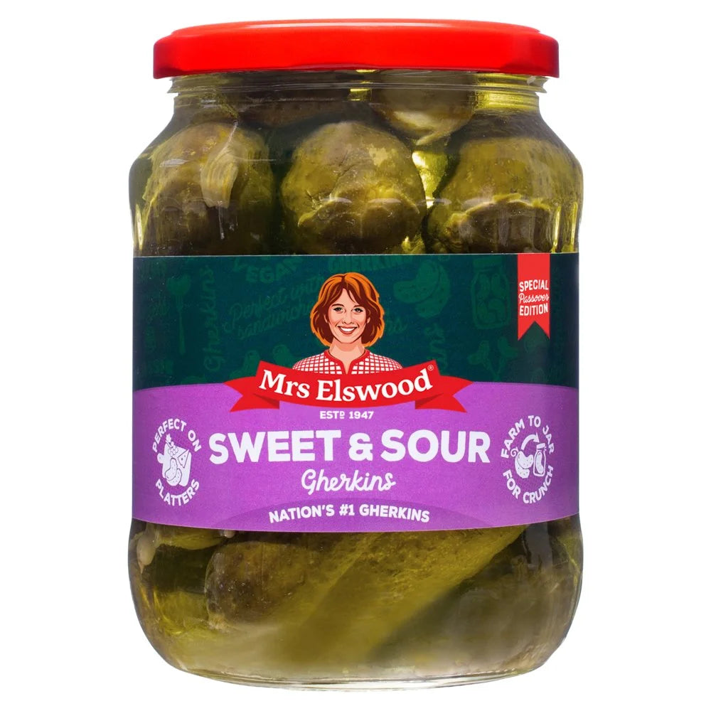 Mrs Elswood Passover Edition Sweet and Sour Gherkins 670g, front of pack