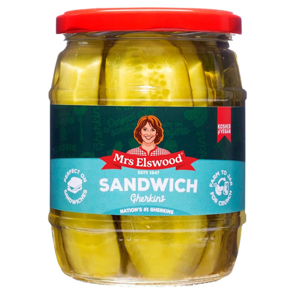 Mrs Elswood Sandwich Gherkins 540g jar, front of pack