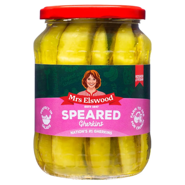 Mrs Elswood Speared Gherkins 670g jar, front of pack