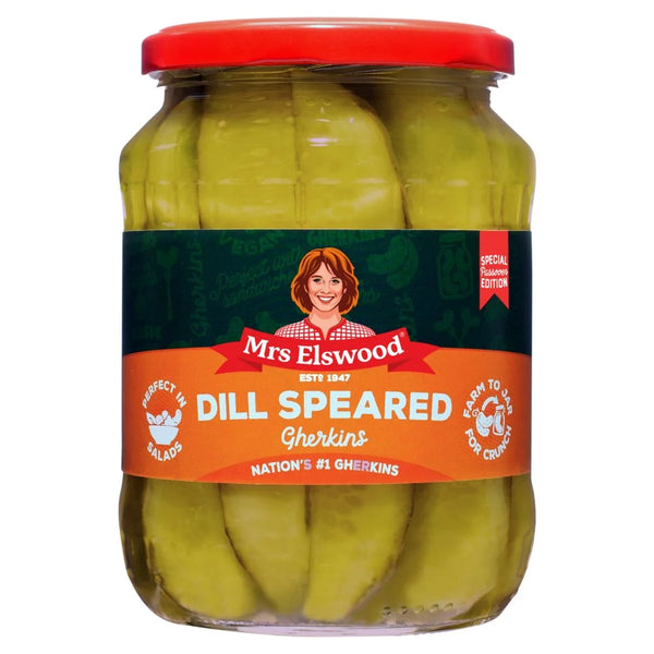 Mrs Elswood Special Passover Edition Dill Speared Gherkins 670g, front of pack