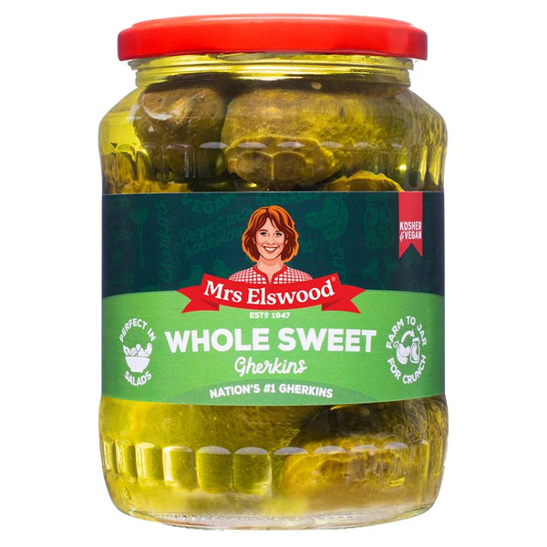Mrs Elswood Whole Sweet Gherkins 670g, front of pack