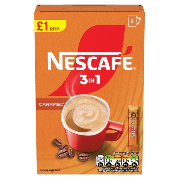 Nescafé Caramel 3 in 1 Coffee Sachets 6 x 16g, front of pack