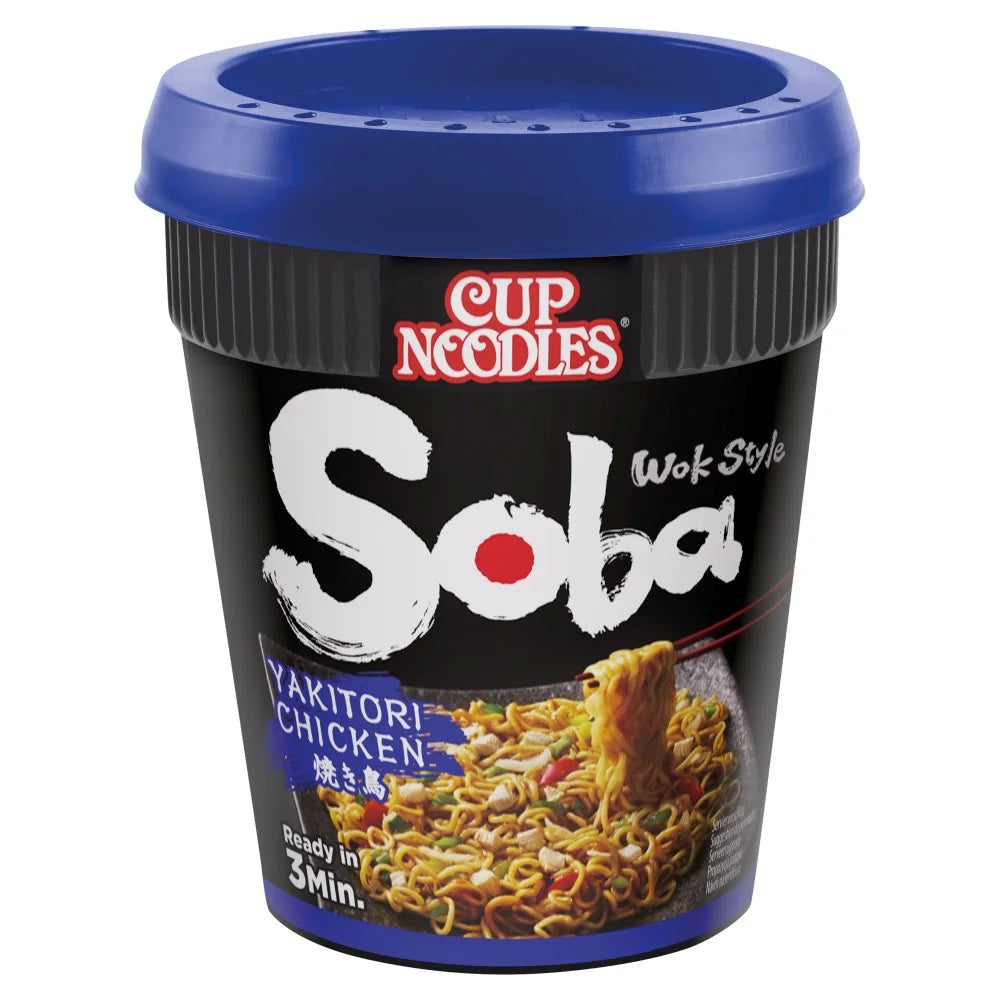 Nissin Soba Yakitori Chicken Wok Style Noodle Pot 89g, front of pack