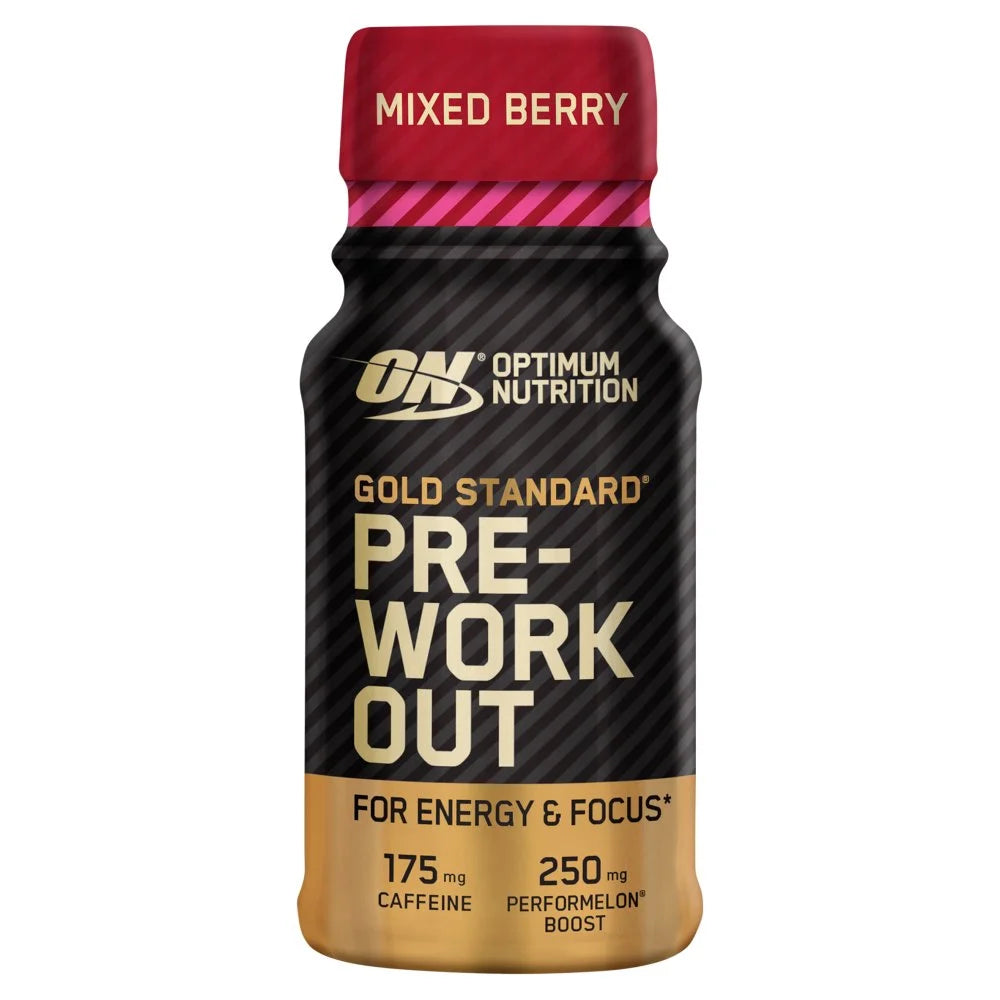 Optimum Nutrition Gold Standard Pre-Workout Shot Mixed Berry 60ml, front of pack