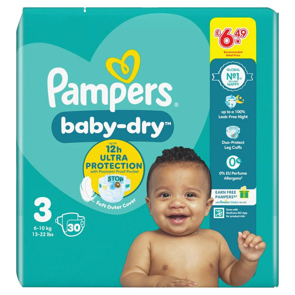 Pampers Baby-Dry Size 3 Nappies 30 Pack, front of pack