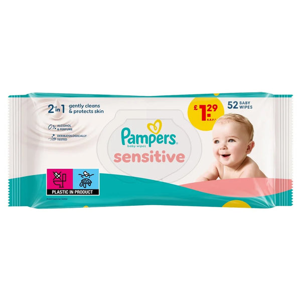 Pampers Sensitive Baby Wipes 52 Wipes, front of pack