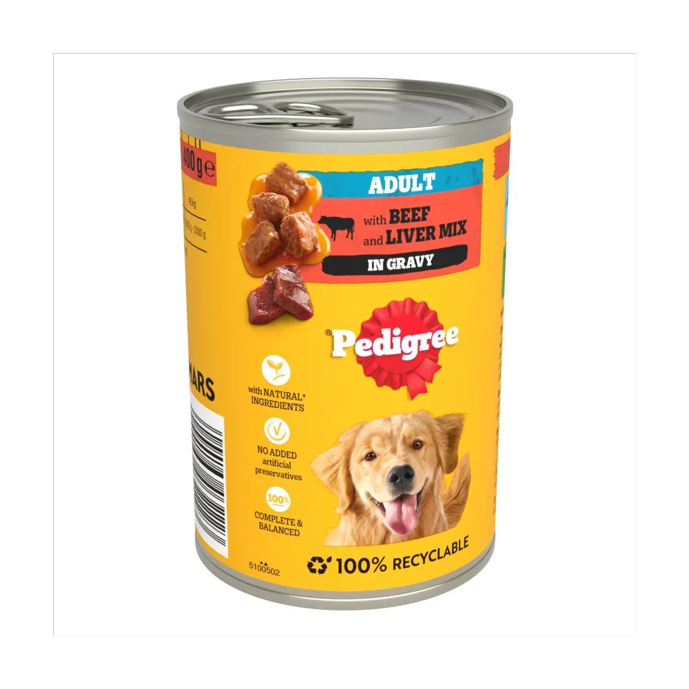 Pedigree Adult Chunks in Gravy with Beef 400g can, front of pack