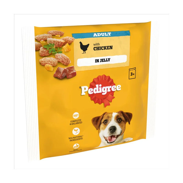 Pedigree Adult Wet Dog Food Pouches Chicken in Jelly 3 x 100g, front of pack