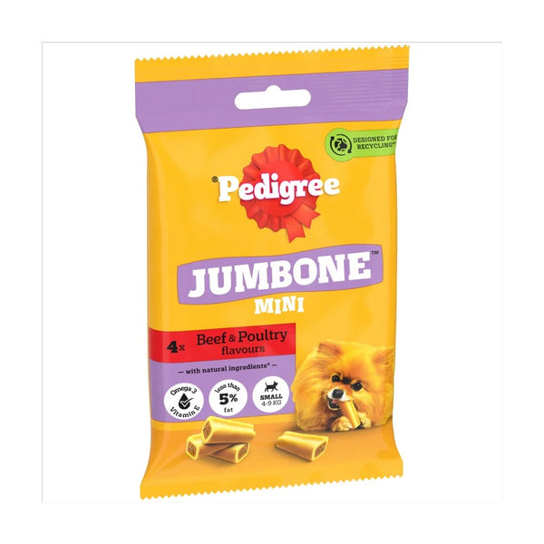 Pedigree Jumbone Mini Small Dog Treats Beef and Poultry, 4 chews, front of pack