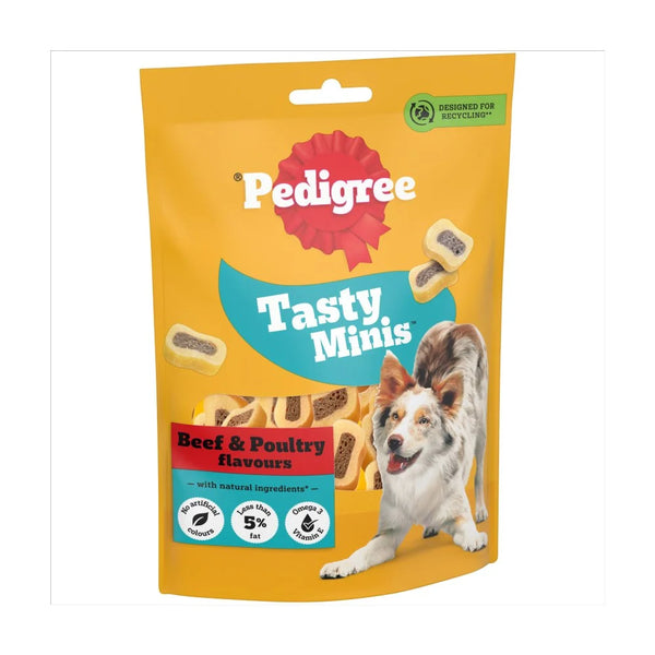Pedigree Tasty Minis Adult Dog Treats Beef & Poultry Chewy Slices 155g, front of pack