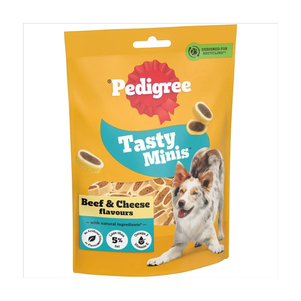 Pedigree Tasty Minis Cheese and Beef Nibbles 140g, front of pack