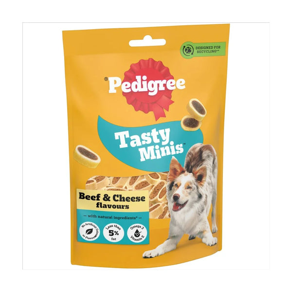 Pedigree Tasty Minis Cheese and Beef Nibbles 140g, front of pack