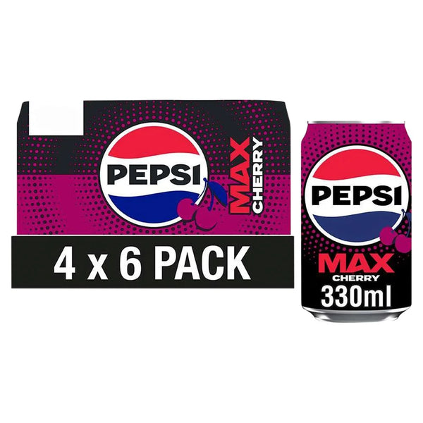 Pepsi Max Cherry 330ml cans multipack, front of pack