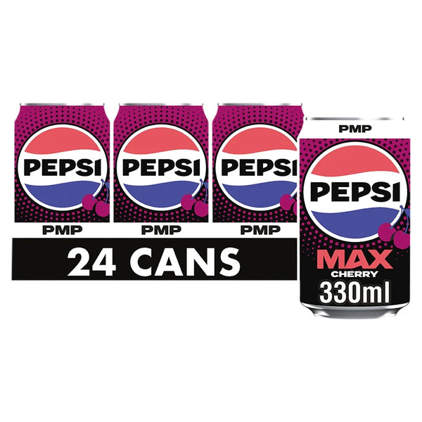 Pepsi Max Cherry No Sugar Cola 330ml can, front of pack